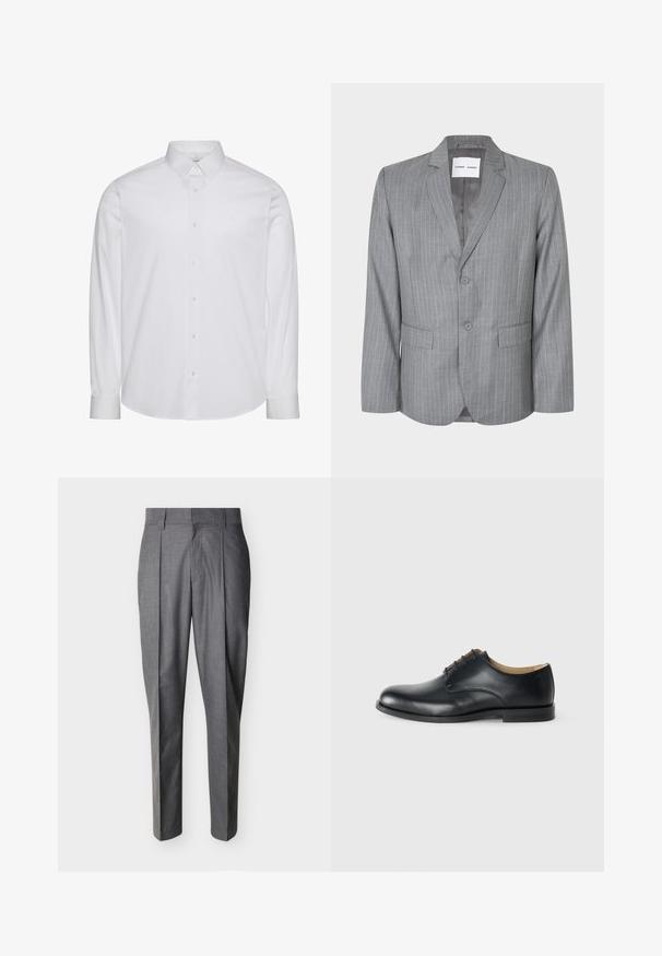Blazer gris con rayas finas, diseño de un solo botón, dos bolsillos frontales y cuello con muesca. Forro interior suave, cierre de dos botones.; Camisa blanca de manga larga con botones, hecha de algodón. Presenta un cuello estándar, tapeta frontal con botones y dobladillo redondeado. Logo de la marca discreto.; Pantalones de vestir grises a medida con pinzas y trabillas para cinturón, mostrados extendidos sobre un fondo blanco.; Calvin Klein ESS DERBY - Zapatos de vestir - triple black
