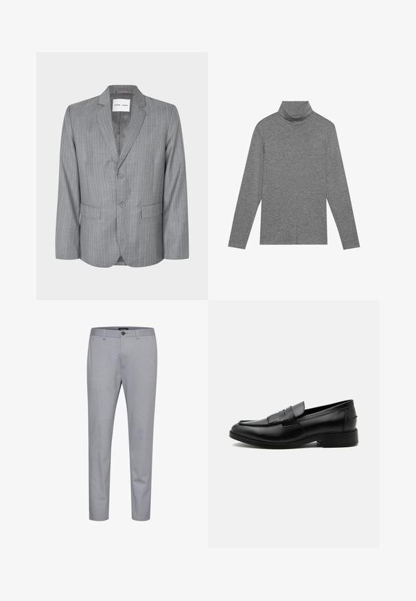 Halli triibuline bleiser üksiknööpimise disainiga, kahe esipocketiga ja noa kujulise kraega. Sile sisetekk, kahe nööbiga sulgemine.; Hall gray pikkade varrukatega turtleneck särk, valmistatud pehmest kangast. Omab kõrget kaelust ja kitsaid varrukaid, sujuva tekstuuri ja lihtsat disaini.; Hallitusest ja sileda tekstuuriga kangast hallid mustrilised püksid. Omavad nööpidega sulgemist ja kitsenevat sääre kujundust.; Meeste mustast nahast loafer tassliga, ümar nina, madal konts ja sile poleeritud viimistlus, näidatud poolelt valgel taustal.