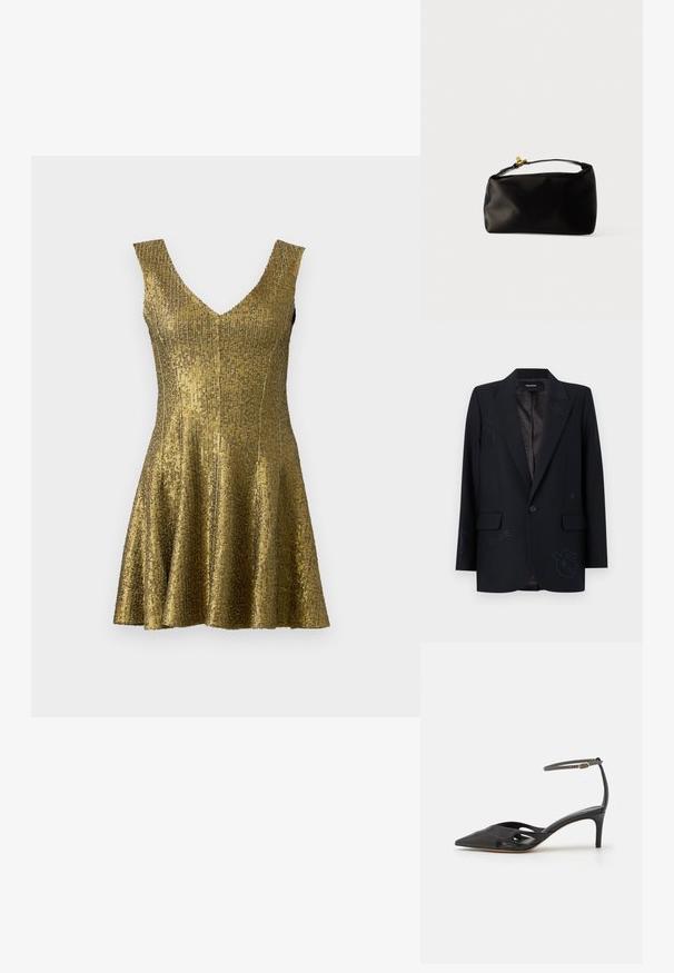 Sort enkeltknappet blazer med hakkede revers, klaplommer og diskrete mørke broderede stjerner og abstrakte motiver på fronten og ærmerne.; Gul palietkjole med V-udskæring, tætsiddende liv og yndig nederdel. Lavet af tekstureret materiale med en skinnende overflade. Uden ærmer.; Sort læder højhælet sko med spids tå, åbne sider og en tynd ankelrem med en lille guld detalje.; Sort satinpung med en afrundet form, et håndtag i toppen og en guldaccentlås. Glat tekstur med et minimalistisk design.