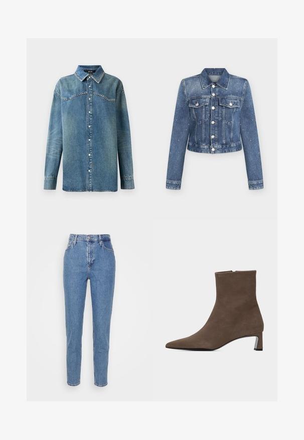 Blå denimjakke med lange ærmer, knaplukning foran, to brystlommer og små hvide malesprøjt over det hele.; Blå denim skjorte med lange ærmer, trykknapper, spids krave og rhinsten-detaljer langs bærestykke og kravekanter.; Blå højtaljede lige jeans med frontknap og lynlås, bæltestropper og lommer, præsenteret på en ensfarvet hvid baggrund.; Brun ruskindsankelstøvle med spids tå, sidelukning med lynlås og lav blokhæl på ensartet lys baggrund.