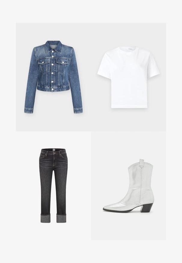 Blaue Jeansjacke mit langen Ärmeln, Knopfleiste vorne, zwei Brusttaschen und kleinen weißen Farbspritzern überall.; Einfaches weißes kurzärmeliges Baumwoll-T-Shirt mit rundem Ausschnitt und geradem Saum, dargestellt auf weißem Hintergrund.; Dunkelgraue gerade geschnittene Jeans mit umgeschlagenen Säumen, vorderem Knopf und Reißverschluss, Gürtelschlaufen sowie Vorder- und Gesäßtaschen.; Castañer DIMBA - Cowboy-/Bikerstiefelette - plata