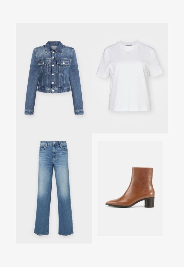 Blå denimjakke med lange ærmer, knaplukning foran, to brystlommer og små hvide malesprøjt over det hele.; AllSaints LISA TEE - T-shirts basic - white; Mother MID RISE TUNNEL VISION SNEAK SUPERIOR - Jeans Relaxed Fit - blue denim; Brun læder ankelstøvle med spids tå, tekstureret finish og en medium blokhæl. Enkel design uden synlige beslag eller mønstre.