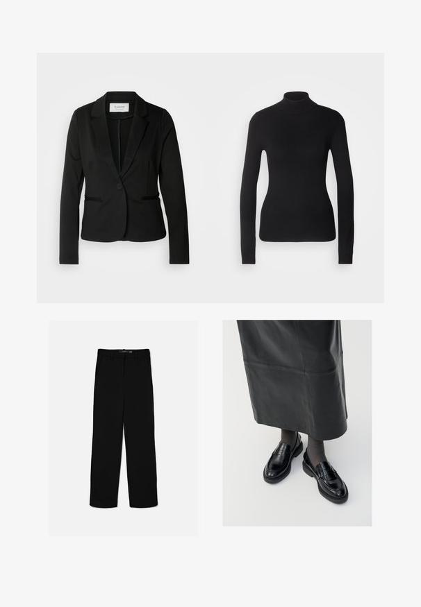 Blazer negro con solapa clásica, cierre de un botón y dos bolsillos frontales. Fabricado en una tela suave con un corte entallado.; Suéter negro de cuello alto hecho de un tejido de punto ligero. Presenta mangas largas, un diseño ajustado y una suave textura acanalada.; Pantalones negros de corte recto con trabillas, cremallera frontal y bolsillos laterales, colocados planos sobre un fondo claro.; Mocasines de cuero negro con un acabado suave, que presentan una tira decorativa, puntera redonda y suela texturizada. Llevados con una falda larga de cuero negro.