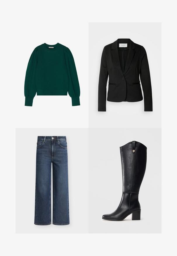Zwarte blazer met een klassiek revers, sluiting met één knoop en twee voorzakken. Gemaakt van een soepel materiaal met een getailleerde pasvorm.; Groene pullover sweatshirt met lange, opgeblazen mouwen, geribbelde manchetten en zoom. Zachte stof met een gladde textuur. Ronde halslijn.; Donkerblauwe wide-leg spijkerbroek met knopen en rits aan de voorkant, ceintuurlussen en voorzakken op een effen achtergrond.; Zwarte leren laarzen tot de knie met een vierkante neus en blokhak. Beschikt over een zijnaad en een decoratieve metalen accent aan de bovenkant.