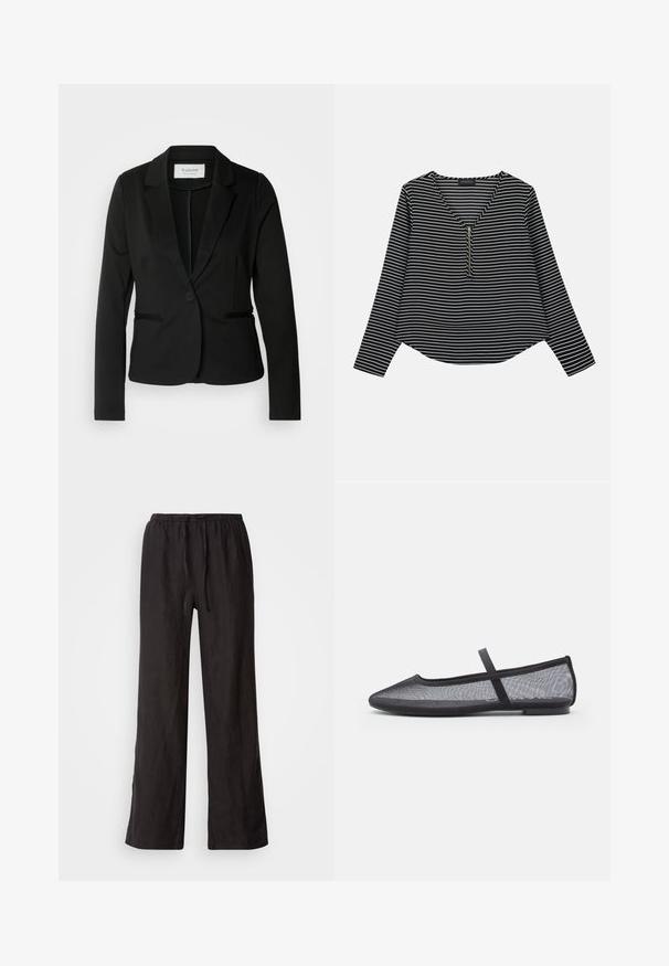 Blazer noir avec un col classique, fermeture à un bouton et deux poches avant. Fait d'un tissu lisse avec une coupe ajustée.; Haut à manches longues noir et blanc rayé avec un col en V et une fermeture éclair centrale. Le tissu semble lisse, avec une coupe décontractée et légèrement raccourcie.; Pantalons noirs amples avec une taille élastique et un cordon de serrage. Fabriqués dans un tissu léger avec une texture lisse et des jambes droites.; Ballerines en maille noire avec un bout pointu, dotées d'une fine bride sur le cou-de-pied et d'une semelle en caoutchouc plate. Design léger et respirant.