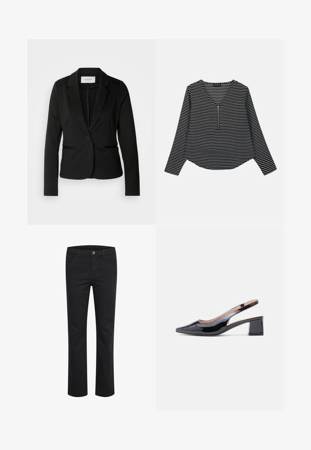 Sort blazer med klassisk revers, enkelt knaplukning og to forlommer. Fremstillet af et glat stof med en skræddersyet pasform.; Sort-hvide stribede langærmede trøje med v-hals og en midterskide. Stoffet ser glat ud, med en afslappet, let cropped pasform.; Sorte denimbukser med lige ben-design, der har to frontlommer og en enkelt metalknap ved taljen. Glat tekstur.; Sort laklæder slingback-sko med hæl, spids tå og robust blokhæl, med udskæringsdetalje på siderne.