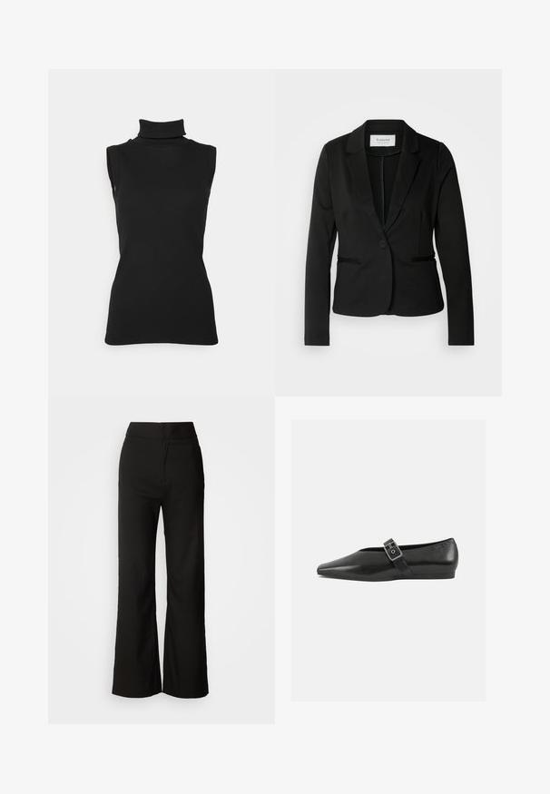 Blazer noir avec un col classique, fermeture à un bouton et deux poches avant. Fait d'un tissu lisse avec une coupe ajustée.; Top noir sans manches en maille côtelée, avec un col haut et une silhouette ajustée. Texture lisse avec un minimum de détails.; Pantalons noirs à jambes larges avec une texture lisse, taille haute et un design épuré. Pas de poches visibles ni d'embellissements.; Chaussure plate en cuir noir avec un orteil pointu, présentant une sangle à boucle métallique sur le cou-de-pied et une semelle basse et flexible.