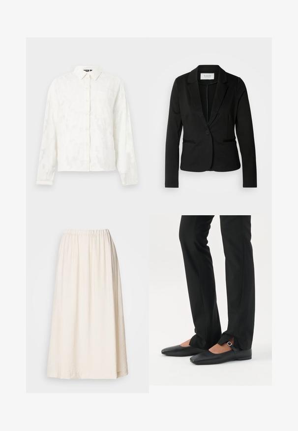 Blazer negro con solapa clásica, cierre de un botón y dos bolsillos frontales. Fabricado en una tela suave con un corte entallado.; Camisa blanca de botones con un patrón floral texturizado, mangas largas, cuello y un único bolsillo en el pecho. Presenta un corte relajado.; Larga falda de color crema con una cinturilla elástica. Hecha de una tela texturizada, tiene una silueta amplia y fluye suavemente.; Piernas con pantalones ajustados negros con aberturas frontales en el dobladillo, combinados con zapatos planos Mary Jane negros con una pequeña correa con hebilla.