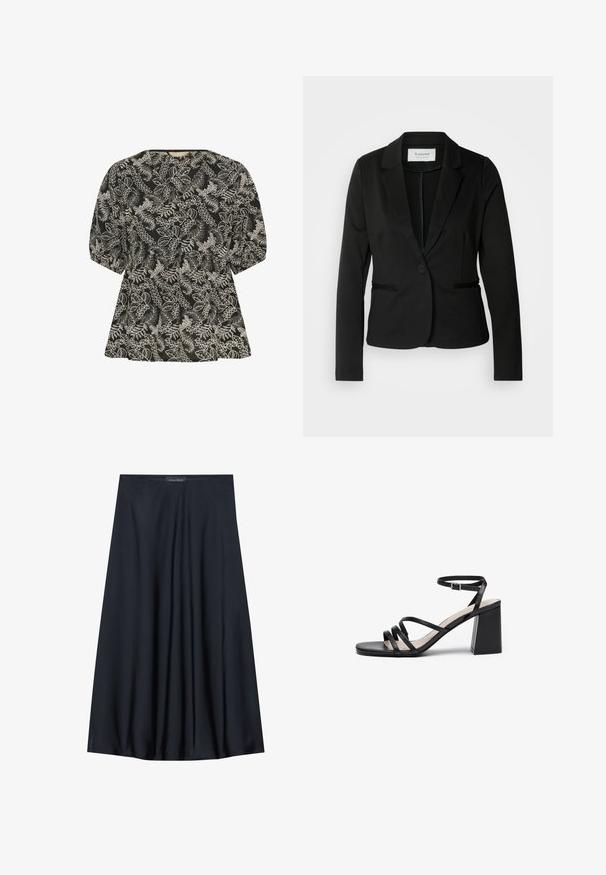 Mustitatud must bleiser klassikalise kraega, ühe nööbi sulgemisega ja kahe esipocketiga. Valmistatud siledast kangast, millel on kohandatud lõige.; Culture CUBroderie - Pluus - black whitecap; Must have pikk, kerge materjaliga must seelik, millel on voogav disain. Omab siledat tekstuuri ja peeneid voldikesi lisadetailiks.; Mustad kontsad mustade kandadega, millel on mitmed õhukesed rihmad, ruudukujuline nina ja plokknöör, milles on reguleeritav pahkluu rihm. Sile nahktekstuur.
