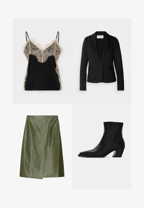 Blazer noir avec un col classique, fermeture à un bouton et deux poches avant. Fait d'un tissu lisse avec une coupe ajustée.; Caraco en satin noir avec bordure en dentelle florale beige sur le buste, les côtés et fines bretelles réglables.; Jupe mini en simili cuir vert olive avec un design en enveloppe diagonal, texture lisse et coutures soignées le long des bords.; Bottine en cuir noir avec un bout pointu, une silhouette élégante et un talon carré massif. Texture lisse avec des détails de couture minimalistes.