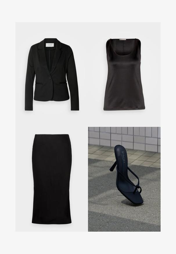 Blazer negro con solapa clásica, cierre de un botón y dos bolsillos frontales. Fabricado en una tela suave con un corte entallado.; Anna Field Top - black; Falda midi negra ajustada con una textura suave, detalle de abertura lateral y una cinturilla clásica. Diseñada para una silueta elegante.; Sandalia negra de tacón alto con tiras finas y puntera cuadrada, con la marca "SIMMI London", colocada sobre pavimento exterior cerca de una pared de azulejos.