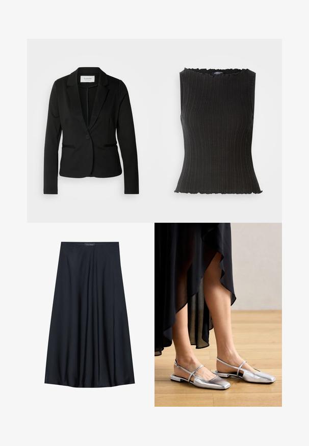 Schwarzes Blazer mit klassischem Revers, Ein-Knopf-Verschluss und zwei vorderen Taschen. Hergestellt aus einem glatten Stoff mit taillierter Passform.; Schwarzes ärmelloses Oberteil mit gerippter Textur, gewelltem Ausschnitt und figurbetontem Design. Hergestellt aus dehnbarem Stoff für hohen Tragekomfort.; Schwarzer, knielanger Rock aus leichtem Material mit fließendem Design. Verfügt über eine glatte Textur und subtile Falten für zusätzliche Details.; Silberne, metallische flache Schuhe mit quadratischem Zehendesign, Slingback-Riemen und ausgeschnittenen Akzenten. Glatte Textur auf einem Holzboden.