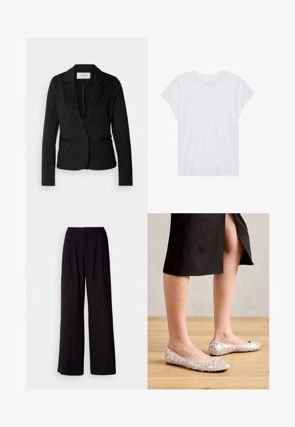 Sort blazer med klassisk revers, enkelt knaplukning og to forlommer. Fremstillet af et glat stof med en skræddersyet pasform.; Hvid kortærmet t-shirt med rund hals, afslappet pasform, lavet af blødt bomuldsstof. Glat tekstur, ingen mønstre eller logoer.; Sorte bukser med vid benvidde lavet af glat stof, med folder foran, en tætsiddende talje og uden synlige mønstre eller detaljer.; Beige stæl ballet flats med en rund tå, der har en bueaccent, parret med en sort nederdel, vist på et trægulv.