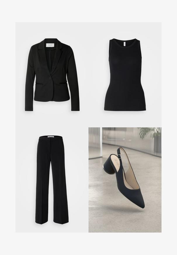 Schwarzes Blazer mit klassischem Revers, Ein-Knopf-Verschluss und zwei vorderen Taschen. Hergestellt aus einem glatten Stoff mit taillierter Passform.; Schwarzes ärmelloses Tanktop aus geripptem Stoff, mit rundem Ausschnitt und figurbetontem Design, glatter Textur und ohne Muster.; Schwarze, weite Hosen mit glatter Textur, ausgestattet mit einem taillierten Bund und minimalistischem Design. Keine sichtbaren Muster oder Akzente.; Schwarzer Slingback-High-Heel-Schuh mit spitz zulaufender Zehenpartie, glatter Textur und einem Metallelement am Absatz, ausgestattet mit einer kleinen verstellbaren Schnalle.