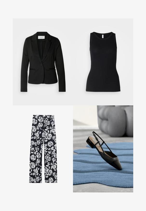 Zwarte blazer met een klassiek revers, sluiting met één knoop en twee voorzakken. Gemaakt van een soepel materiaal met een getailleerde pasvorm.; Zwarte mouwloze tanktop van ribbelstof, met een ronde halslijn en een nauwsluitend ontwerp, met een gladde textuur en zonder patronen.; Bloemige broek van marineblauwe stof met een wit bloemenpatroon, met wijde benen en een relaxed fit. Glad textuur, geen zichtbare hardware.; Zwarte slingback schoen van lakleer met een lage blokhak, rustend op een gestructureerd blauw golvend tapijt en grijze, gewatteerde meubels.