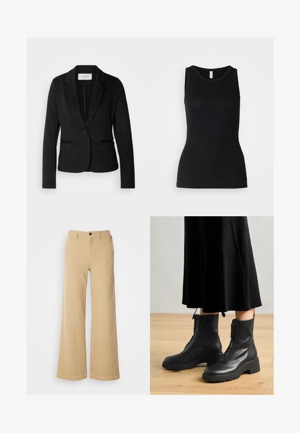 Sort blazer med klassisk revers, enkelt knaplukning og to forlommer. Fremstillet af et glat stof med en skræddersyet pasform.; Sort ærmeløs tanktop lavet af ribbet stof, med rund halsudskæring og tætsiddende design, med en glat overflade og uden mønstre.; Beige brede benbukser lavet af bomuldsblanding, med en frontknaplukning, bæltestropper og syninger langs sømmene.; Sorte læder ankelstøvler med en kraftig platformsål og en frontlynlås. Glat tekstur med et minimalistisk design.