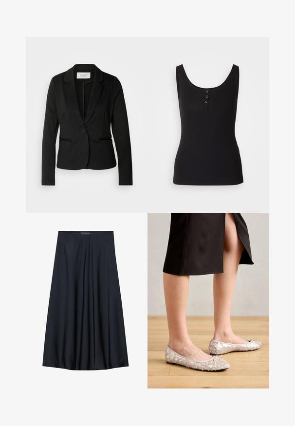 Sort blazer med klassisk revers, enkelt knaplukning og to forlommer. Fremstillet af et glat stof med en skræddersyet pasform.; Sort tanktop lavet af ribbet stof, med en rund halsudskæring og tre metal snapknapper ned foran. Glat tekstur, tætsiddende form.; Sort, knælang nederdel lavet af letvægtsstof med et svævende design. Har en glat tekstur og subtile plisseringer for en ekstra detalje.; Beige stæl ballet flats med en rund tå, der har en bueaccent, parret med en sort nederdel, vist på et trægulv.