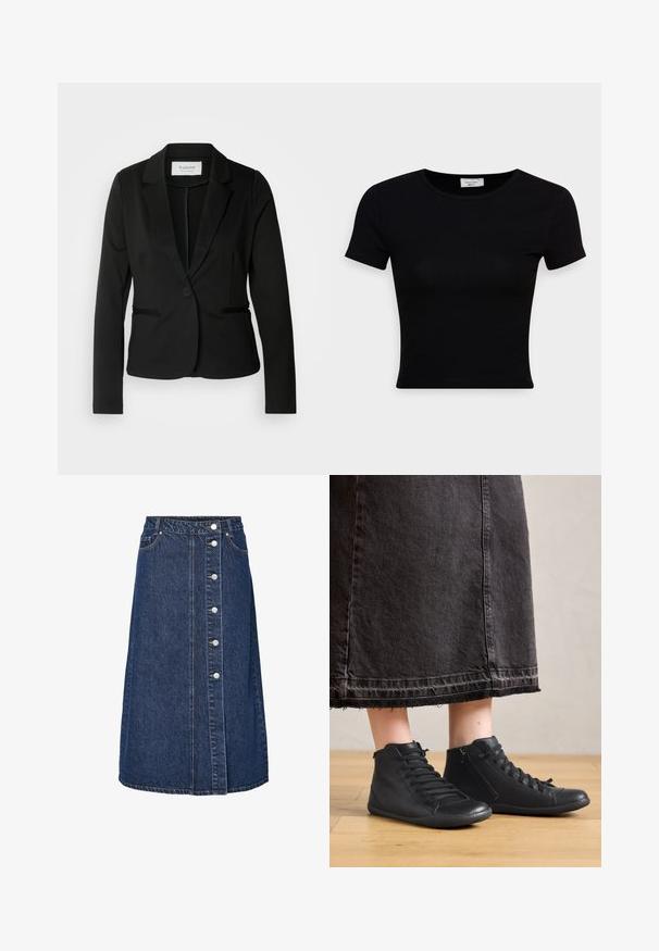 Zwarte blazer met een klassiek revers, sluiting met één knoop en twee voorzakken. Gemaakt van een soepel materiaal met een getailleerde pasvorm.; Zwarte korte mouwen t-shirt van gladde katoenstof, met een ronde hals en een getailleerd ontwerp. Minimalistisch zonder zichtbare patronen.; Denim rokje met een hoge taille, sluiting met knopen aan de voorkant en twee zijzakken. Donkerblauwe kleur, rechte snit en zichtbare stiksel details.; Zwarte leren hoge schoenen met een gladde textuur, met veters en een zijrits. G gedragen bij een lange zwarte spijkerrok.