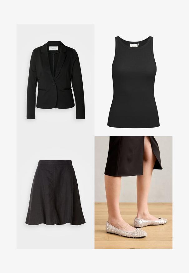 Sort blazer med klassisk revers, enkelt knaplukning og to forlommer. Fremstillet af et glat stof med en skræddersyet pasform.; Sort tanktop lavet af ribbet materiale, med en scooped halsudskæring og en tætsiddende form. Flade sømme og ingen udsmykninger. Enkel og strømlinet design.; Sort linærnederdel med en udvidet design, der har en talje og sømme. Stoffet har en let tekstureret overflade og går til knæet.; Beige stæl ballet flats med en rund tå, der har en bueaccent, parret med en sort nederdel, vist på et trægulv.