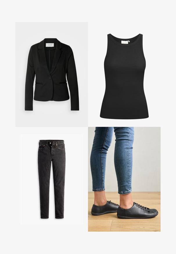 Sort blazer med klassisk revers, enkelt knaplukning og to forlommer. Fremstillet af et glat stof med en skræddersyet pasform.; Sort tanktop lavet af ribbet materiale, med en scooped halsudskæring og en tætsiddende form. Flade sømme og ingen udsmykninger. Enkel og strømlinet design.; Sorte denim jeans med lige ben, der har fem lommer, kobberhardware og en let slidte måde.; Sorte lædersko med rund tå, lav profil og snørebåndsdesign. Kombineret med blå, tætsiddende jeans og en baggrund af trægulv.