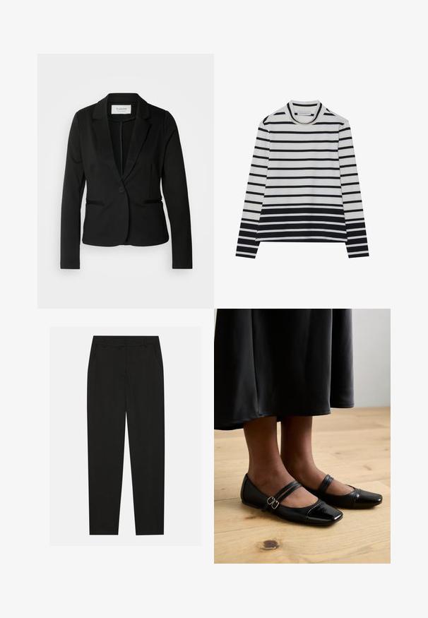 Blazer noir avec un col classique, fermeture à un bouton et deux poches avant. Fait d'un tissu lisse avec une coupe ajustée.; T-shirt à manches longues en coton, présentant des rayures horizontales noires et blanches, un col montant haut et une coupe décontractée avec des fentes sur les côtés.; Pantalon noir au design ajusté, doté de poches latérales et d'une jambe droite. Fabriqué en tissu lisse et léger avec une finition élégante.; Ballerines en cuir verni noir avec un bout carré, comportant deux brides avec boucles. Les semelles sont plates sur un sol en bois clair.