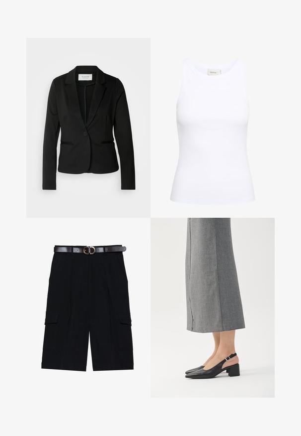 Blazer negro con solapa clásica, cierre de un botón y dos bolsillos frontales. Fabricado en una tela suave con un corte entallado.; Top sin mangas de canalé blanco con escote redondo. Tejido elástico y diseño ajustado. La etiqueta en la parte posterior dice "GESTUZ."; Pantalones cortos cargo negros hechos de una tela ligera, con un corte recto, bolsillos laterales y un cinturón de cuero marrón con una hebilla de plata.; Zapatos slingback de cuero negro con puntera puntiaguda, tacón ancho y un detalle en el tacón en color rosa contrastante. Textura lisa con un diseño minimalista.