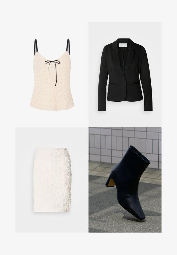 Blazer noir avec un col classique, fermeture à un bouton et deux poches avant. Fait d'un tissu lisse avec une coupe ajustée.; Haut en dentelle beige clair avec un motif en chevrons, doté de fines bretelles noires et d'un nœud à l'avant pour un supplément de détails.; Jupe crayon blanche texturée avec une surface légèrement duveteuse, longueur genoux, présentant un design ajusté et sans fermetures ni embellissements visibles.; Bottine noire en cuir avec talon bloc, posée sur un trottoir gris devant un mur clair carrelé.