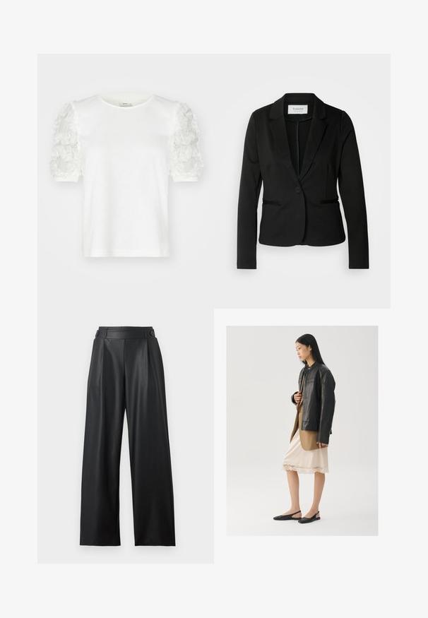 Blazer noir avec un col classique, fermeture à un bouton et deux poches avant. Fait d'un tissu lisse avec une coupe ajustée.; T-shirt blanc à manches courtes avec des détails en appliqué floral sur les manches, doté d'un col rond et en tissu en coton doux.; Pantalon large en cuir synthétique noir avec taille haute, détails de boutons à la ceinture et plis sur le devant.; Veste en cuir noir portée sur un haut marron, associée à une robe légère crème à bretelles avec bordure en dentelle et des chaussures slingback noires.