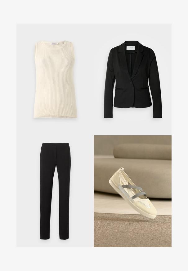 Sort blazer med klassisk revers, enkelt knaplukning og to forlommer. Fremstillet af et glat stof med en skræddersyet pasform.; Ärmløs cremefarvet top med ribbet tekstur og rund halsudskæring. Stoffet ser blødt ud, med en tætsiddende form og ingen synlige mønstre eller accenter.; Sorte slanke bukser med flad front og uden synlige lommer, vist mod en hvid baggrund.; Kremfarvet afslappet slip-on sko med to grå elastikstropper, rundet tå og hvid sål på beige tæppe og sofa baggrund.