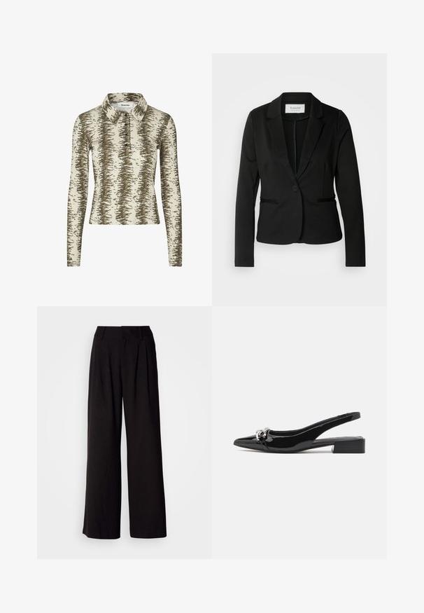 Blazer noir avec un col classique, fermeture à un bouton et deux poches avant. Fait d'un tissu lisse avec une coupe ajustée.; Polo à manches longues en beige avec un motif abstrait marron, doté d'un col, d'une patte de boutonnage à trois boutons et d'une texture côtelée.; Pantalon large noir en tissu lisse, avec des plis à l'avant, une taille ajustée, et sans motifs ni accents visibles.; Chaussure slingback en cuir verni noir avec un bout pointu, un petit talon carré et un détail en métal argenté à l'avant.