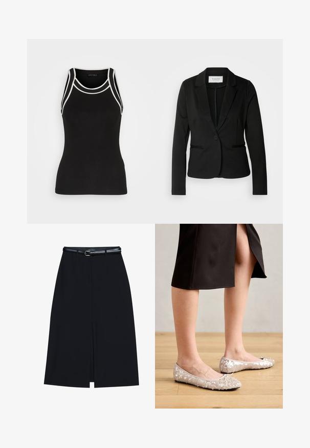 Blazer noir avec un col classique, fermeture à un bouton et deux poches avant. Fait d'un tissu lisse avec une coupe ajustée.; Débardeur noir à côtes avec des bordures blanches. Il présente un col rond et un design dos nageur. Fabriqué en tissu extensible pour plus de confort.; Jupe noire à mi-cuisse avec une fente frontale, fabriquée en tissu lisse. Comprend une fine ceinture noire avec une boucle en argent et des passants.; Ballerines en sequins beiges avec un bout rond, ornées d'un accent nœud, associées à une jupe noire, exposées sur un sol en bois.