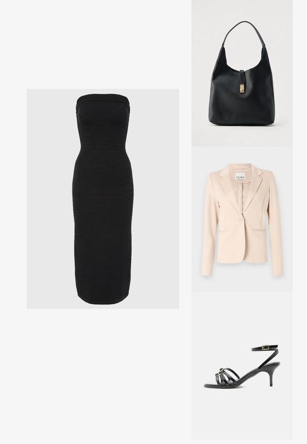 Beige blazer med enkelt knap, notched revers, lange ærmer og to forlommer, hængende mod en ensfarvet baggrund.; Sort stram midi-kjole uden stropper med en tætsiddende silhuet, struktureret stof med vandrette ribber og en lige kant.; Sort læder sandal med stropper, lille hæl, firkantet tå, to spænder foran og en ankelrem med guldspænde.; Sort læderhobo-taske med en tekstureret overflade, der har en guldfarvet lås og et enkelt buet håndtag til bæring over skulderen.