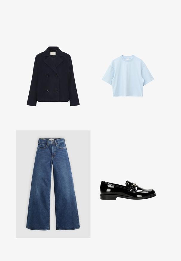 Manteau bleu marine croisé avec de grands boutons noirs, col cranté et manches raglan. Fabriqué en tissu ressemblant à de la laine avec une texture douce.; T-shirt court bleu clair avec manches courtes et col rond, présenté sur fond blanc.; Jean en denim bleu à jambes larges avec cinq poches, une fermeture à bouton et des coutures contrastées, offrant une finition douce et texturée.; Mocassins en cuir verni noir avec une sangle et des détails en argent, dotées d'une semelle plate et de coutures le long des bords.