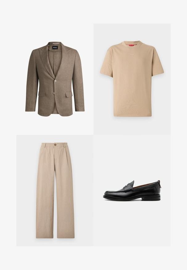 Brun blazer lavet af tekstureret stof, med revers, to frontlommer og enkeltknaplukning. To knapper på ærmerne.; Beige bomulds T-shirt med korte ærmer, rund halsudskæring og subtilt "HUGO" logo i midten. Glat overflade, afslappet pasform.; Beige vide bukser med struktureret finish, der har folder og en elastisk talje, fastgjort med en bronze knap foran.; Sort læder herre loafer med moc-tå syning, penny strop, struktureret krave og lav stablet hæl på hvid baggrund.