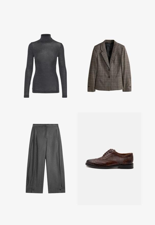 Bruine en grijze geruite blazer met twee knopen, een gespleten reverskraag en voorzakken, getoond op een witte achtergrond.; Langharige turtleneck top in donkergrijs, met een zachte textuur en een subtiele glans, in een getailleerde pasvorm.; Donkergrijze wijde broek met hoge taille, knoopmansetjes en subtiele plooien, afgebeeld tegen een witte achtergrond.; Bruine leren herenschoen met vleugelstuk, brogue-details en geruite stoffen zijpanelen, zijaanzicht op een witte achtergrond.