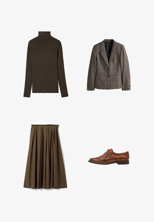 Bruine en grijze geruite blazer met twee knopen, een gespleten reverskraag en voorzakken, getoond op een witte achtergrond.; Donkerbruine coltrui gemaakt van zacht, gestructureerd materiaal. Heeft lange mouwen en een getailleerd ontwerp, met een gladde halslijn.; Bruine geplooide midi-rok met een hoge taille en een ritssluiting aan de zijkant, weergegeven tegen een witte achtergrond.; Bruine leren brogue oxford schoen met wingtip-details, perforaties, veters en lage gestapelde hak op een witte achtergrond.