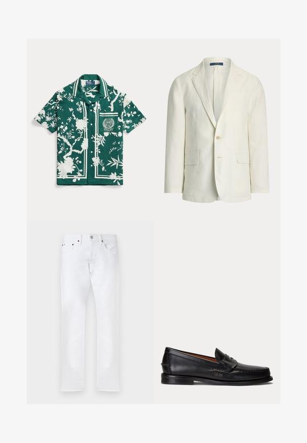 Blazer para hombre de color crema con solapas con muesca, dos bolsillos delanteros con solapa, cierre de un botón y etiqueta Polo Ralph Lauren en el interior del cuello.; Camisa verde de manga corta con botones, con patrones blancos de flores y ramas, cuello a rayas y bolsillo parche bordado en el pecho izquierdo.; Pantalones vaqueros blancos ajustados con cinco bolsillos, cierre de botón y trabillas para cinturón, mostrados planos sobre un fondo blanco.; Mocasín negro de cuero con tacón bajo y detalle de correa para moneda, mostrado de lado sobre un fondo gris claro.