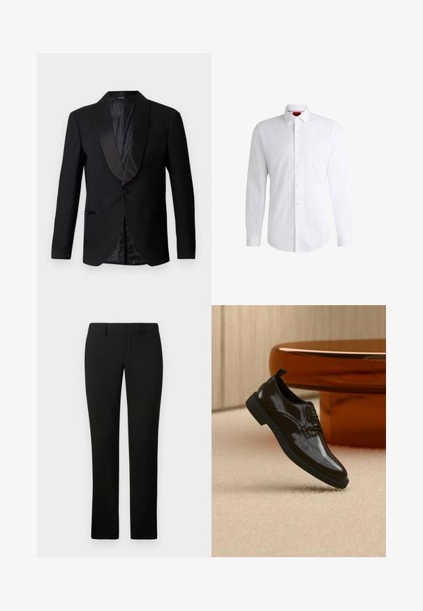 Chaqueta de traje formal negra con solapas de satén, cierre de un solo botón y un forro negro texturizado con estampado, que cuenta con dos bolsillos laterales.; Camisa blanca de botones, confeccionada en tela suave, con collar clásico, mangas largas y dobladillo curvado. Presenta botones beige en la parte delantera.; Pantalones negros con un corte a medida, que presentan una textura suave y un diseño de pierna recta. La cintura tiene pasadores para cinturón y un acabado limpio.; Zapato de vestir negro brillante de cuero con cordones flotando sobre una alfombra beige con una mesa redonda marrón brillante al fondo.