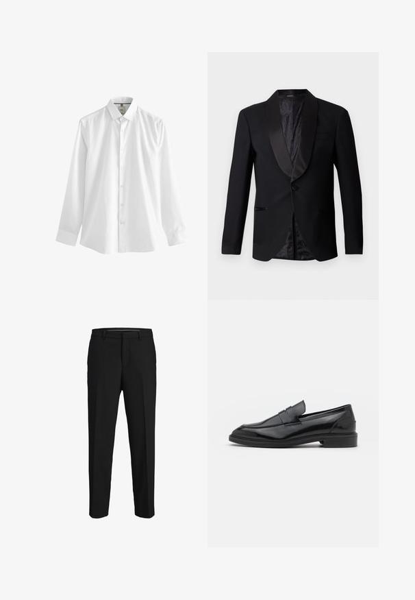 Veste de costume noir avec revers en satin, fermeture à un seul bouton et doublure texturée noire à motif, dotée de deux poches latérales.; Chemise blanche à manches longues en coton, dotée d'un col classique, de boutons sur le devant et d'une finition droite avec des poignets.; Pantalons noirs en tissu lisse, présentant une coupe droite, des passants de ceinture et un devant plat sans motifs ni embellissements visibles.; Mocassins en cuir noir avec une finition lisse, dotés d'un bout arrondi et d'une bande étroite sur le dessus. Talon bas empilé.