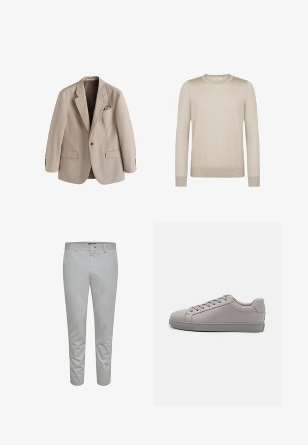 Beiger Herren-Sakko mit einem Knopf, Kerbklappen, vorderen Pattentaschen und einer Brusttasche mit passendem Einstecktuch.; Helles beiges Sweatshirt aus weichem Material. Mit rundem Halsausschnitt, langen Ärmeln und gerippten Bündchen sowie Saum für eine taillierte Optik.; Hellgraue, maßgeschneiderte Hose mit glatter Textur, ausgestattet mit einem Knopfverschluss, Gürtelschlaufen und Fronttaschen. Design in knöchellanger, verkürzter Form.; Graue Ledersneaker mit glatter Oberfläche, flachen Schnürsenkeln, abgerundetem Zehenbereich und einer kontrastierenden grauen Gummisohle. Minimalistisches Design und Textur.