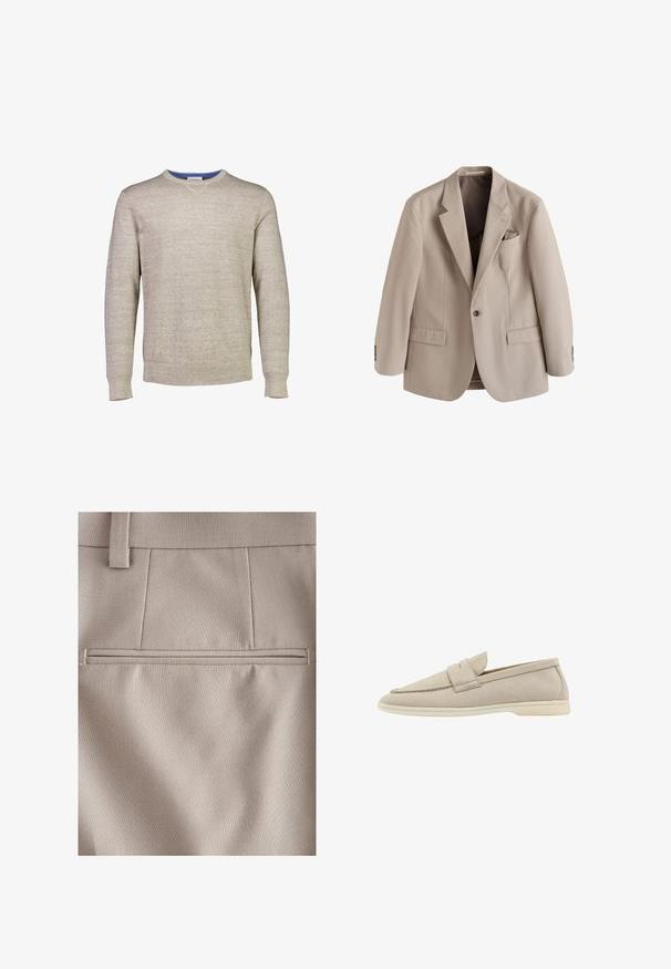 Beige herenenkelsluitingblazer met inkeping op de revers, voorflappenzakken en een borstzak met een bijpassend pochet.; Lichtbeige trui van textuur gebreide stof. Heeft een ronde halslijn met een blauwe accent op de binnenkraag. Lange mouwen.; Beige stof met een gladde textuur, voorzien van een rechthoekige paspelzak boven een naadlijn, eenvoudig en op maat gemaakt ontwerp.; Beige suède instapschoen met een ronde neus, een accentband aan de voorkant en een lichte rubberen zool. Gladde textuur en minimalistisch ontwerp.
