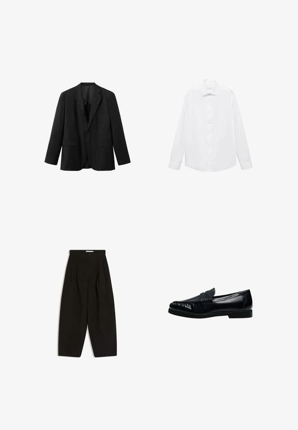 Schwarzer einreihiger Blazer mit Kerb-Revers, zwei vorderen Klappentaschen, einer Brusttasche und einem Knopfverschluss.; Weißes langärmliges Hemd mit Knöpfen, mit Kragen und geradem Schnitt, verfügt über eine glatte Textur und sechs vordere Knöpfe. Keine Muster oder Akzente.; Schwarze, weit geschnittene Hosen aus weichem Stoff, mit plissiertem Vorderteil, Knopfverschluss und Seitentaschen für zusätzliche Funktionalität.; Schwarzer Herren-Pennyloafer aus Leder mit genähter Mokassinnaht und niedrigem Absatz, seitlich auf weißem Hintergrund dargestellt.