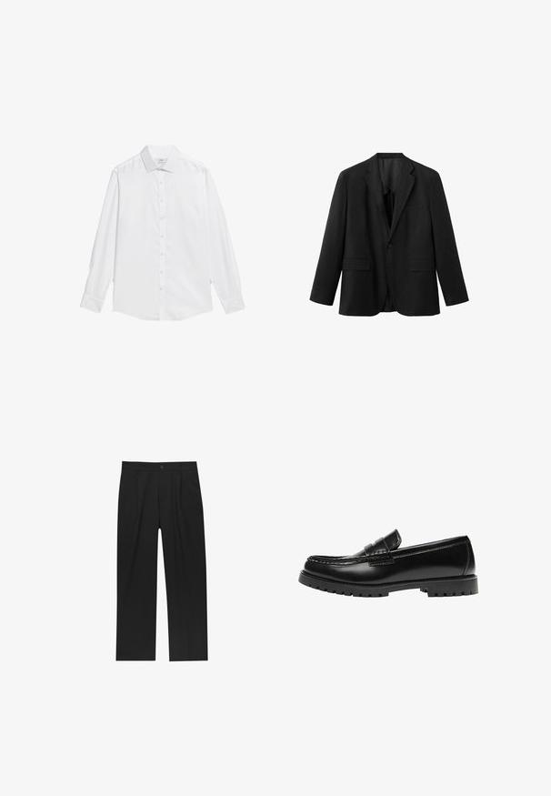 Blazer noir simple boutonnage avec revers crantés, deux poches avant à rabat, une poche poitrine et une fermeture par un bouton.; Chemise blanche à boutons en tissu lisse, avec un col classique, des manches longues et un ourlet droit sans motifs ni accents.; Pantalons noirs au design droit, fabriqués à partir d'un tissu lisse. Dotés de plis sur le devant et d'une fermeture à un bouton à la taille.; Mocassin en cuir noir avec une semelle en caoutchouc épaisse et un détail classique de bride à monnaie, vu de côté extérieur.