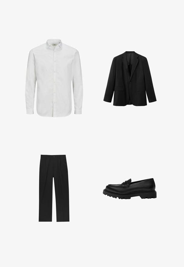 Sort enkeltbrystet blazer med hakrevers, to frontlommer med klap, en brystlomme og en knaplukning.; Hvid, langærmet skjorte med knaplukning lavet af bomuld, med klassisk krave, lige snit og subtil struktur. Standard knaplukning.; Sorte bukser med lige ben, lavet af et glat stof. Har frontfolder og en enkelt knaplukning i taljen.; Sorte læder loafers med en robust, struktureret sål. Har en dekorativ syet kant og en lav hæl for et moderne design.