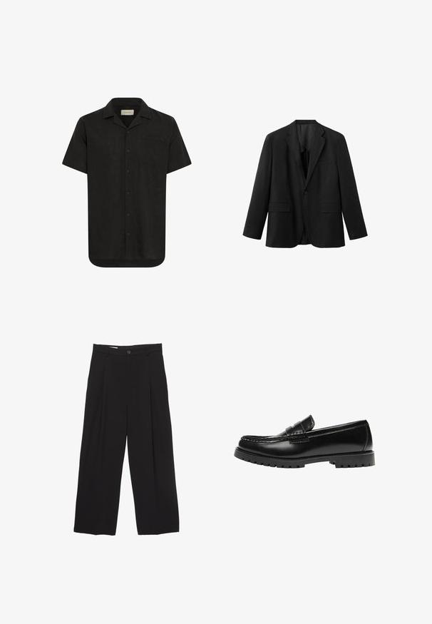 Blazer noir simple boutonnage avec revers crantés, deux poches avant à rabat, une poche poitrine et une fermeture par un bouton.; Chemise noire à manches courtes en tissu léger, avec un devant à boutons, un col pointu, une poche poitrine unique et un ourlet droit.; Pantalons larges noirs en tissu lisse, avec une taille plate, des plis avant et un bouton unique.; Mocassin en cuir noir avec une semelle en caoutchouc épaisse et un détail classique de bride à monnaie, vu de côté extérieur.