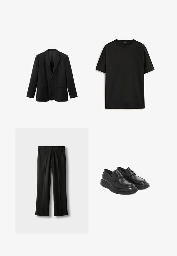 Schwarzer einreihiger Blazer mit Kerb-Revers, zwei vorderen Klappentaschen, einer Brusttasche und einem Knopfverschluss.; Schwarzes Baumwoll-T-Shirt mit klassischem Rundhalsausschnitt, kurzen Ärmeln und lockerer Passform. Glatte Textur, keine Muster oder Verzierungen.; Schwarze, maßgeschneiderte Anzughose mit Gürtelschlaufen, vorderem Knopf- und Reißverschluss, Seitentaschen und Bügelfalten entlang der Beine vor hellem Hintergrund.; Schwarze Lederloafer mit runder Spitze, gesteppten Details und einer Plattform aus Gummi. Verfügt über einen dekorativen Riemen über dem Vorderblatt.