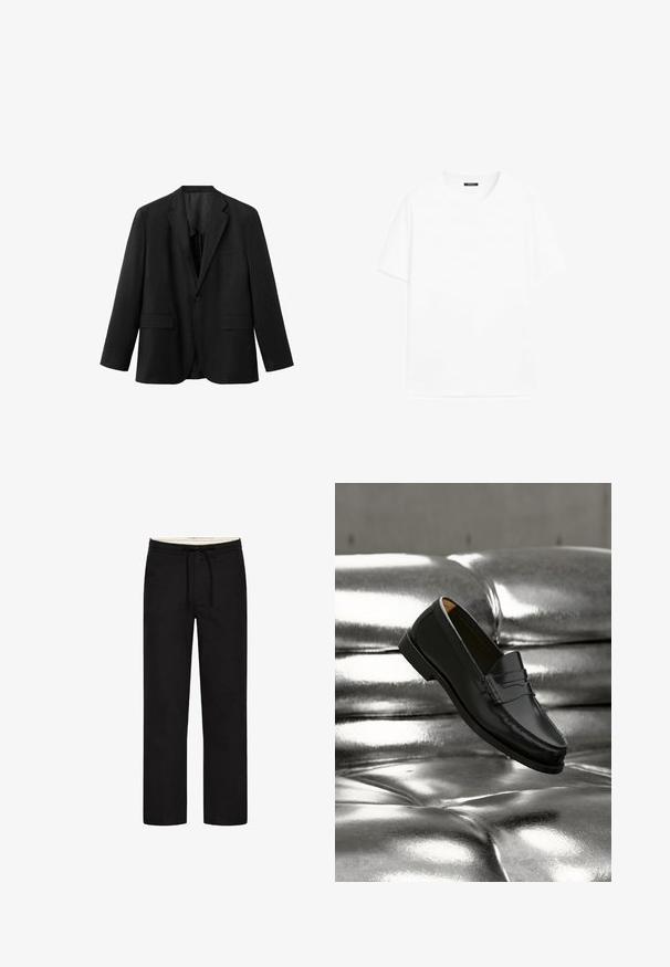 Schwarzer einreihiger Blazer mit Kerb-Revers, zwei vorderen Klappentaschen, einer Brusttasche und einem Knopfverschluss.; Schlichtes weißes T-Shirt mit kurzen Ärmeln und Rundhalsausschnitt, mit einem kleinen schwarzen Etikett am Halsausschnitt vor weißem Hintergrund.; Schwarze, gerade geschnittene Hosen mit elastischem Bund, Kordelzug und unauffälligem Design. Weicher Stofftextur. Keine sichtbaren Muster oder Akzente.; Schwarzer Lederloafer, der über einem glänzenden silberfarbenen, gesteppte Ledersofa in einer minimalistischen Umgebung schwebt.