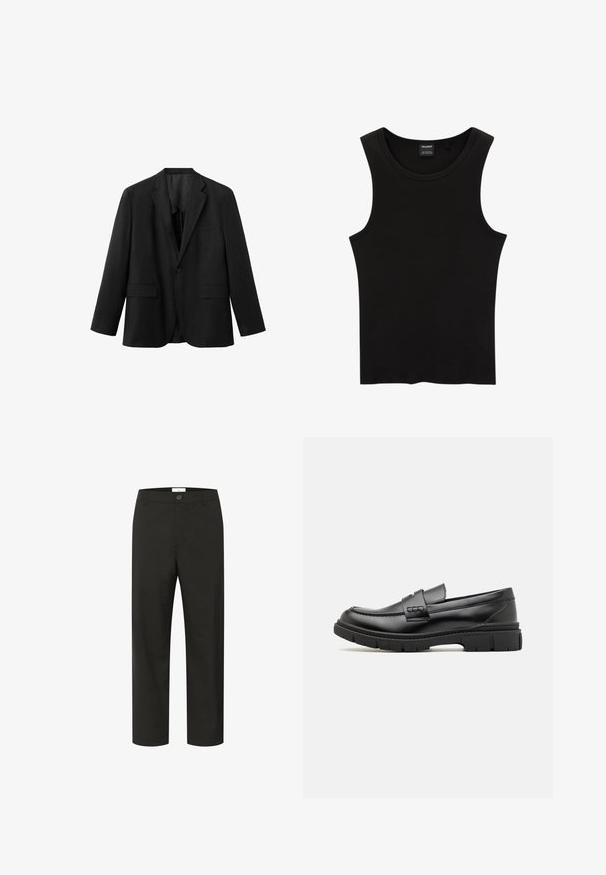 Blazer noir simple boutonnage avec revers crantés, deux poches avant à rabat, une poche poitrine et une fermeture par un bouton.; Débardeur noir à côtes avec un col rond et de larges emmanchures, fabriqué à partir d'un tissu doux et extensible. Étiquette : Pull&Bear.; Pantalon noir à la texture lisse, design à jambes droites, fermeture à bouton et passants de ceinture. Présente un look minimaliste sans motifs visibles.; Mocassin en cuir noir avec une large sangle sur le devant, semelle en caoutchouc à épaisse rainure, et texture lisse. Design classique et élégant.