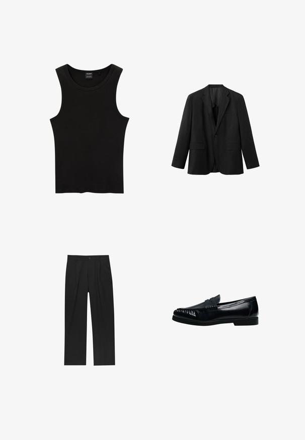 Sort enkeltbrystet blazer med hakrevers, to frontlommer med klap, en brystlomme og en knaplukning.; Sort ribbet tanktop med rund halsudskæring og brede ærmegab, lavet af en blød, strækbar stof. Mærke: Pull&Bear.; Sorte bukser med lige ben, lavet af et glat stof. Har frontfolder og en enkelt knaplukning i taljen.; Sort herre penny loafer i læder med syninger på mok-toe og lav hæl, vist i sideprofil på hvid baggrund.