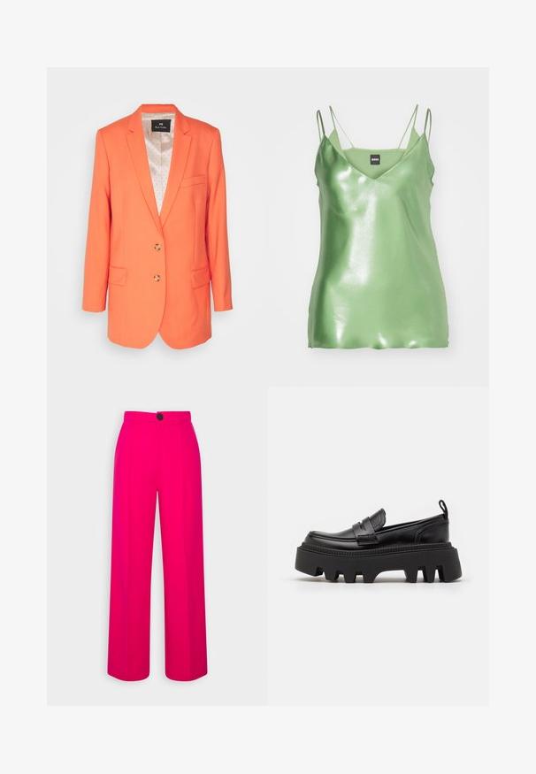 Orange blazer med udskårne klapper, to knapper og sidelommer. Indvendigt har den et let mønstret foer. Skræddersyet pasform, glat tekstur.; Grøn satin camisole med V-hals, tynde justerbare stropper og en glat, skinnende overflade. Enkel, tætsiddende design. Mærkenavn: BOSS.; Fuchsia brede bukser med høj talje, frontfald og en enkelt sort knaplukning. Glat tekstur og skræddersyet design.; Sorte læder loafers med en kraftig sort gummisål, der har skridsikre riller og et dekorativt bånd over forsiden.